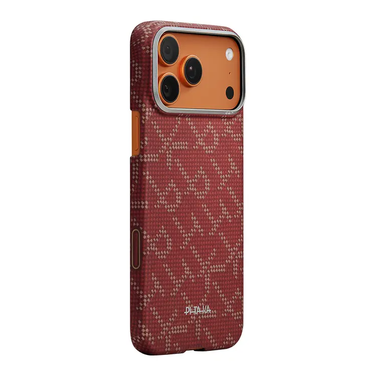 Apple iPhone 17 Pro Kılıf M-safe Şarj Özellikli Aramid Karbon Fiber Pitaka Tactile Woven Monogram Serisi Kapak
