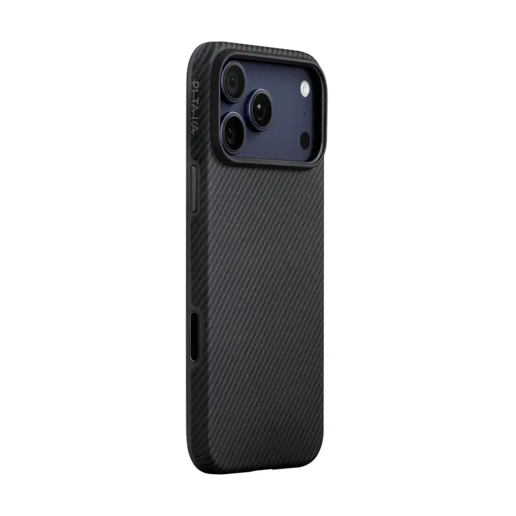 Apple iPhone 17 Pro Max Kılıf M-safe Şarj Özellikli 1500D Aramid Karbon Fiber Pitaka Military-Grade Classic Serisi Black-Grey Twill Kapak
