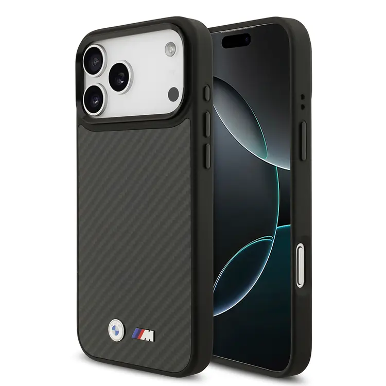Apple iPhone 17 Pro Max Kılıf BMW Orjinal Lisanslı M-safe Şarj Özellikli Karbon Fiber Metal Logolu Kapak
