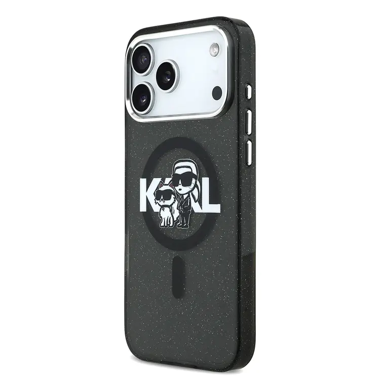 Apple iPhone 17 Pro Max Kılıf Karl Lagerfeld Orjinal Lisanslı Parlayan Simli Karl & Choupette Sketch Logo Kapak