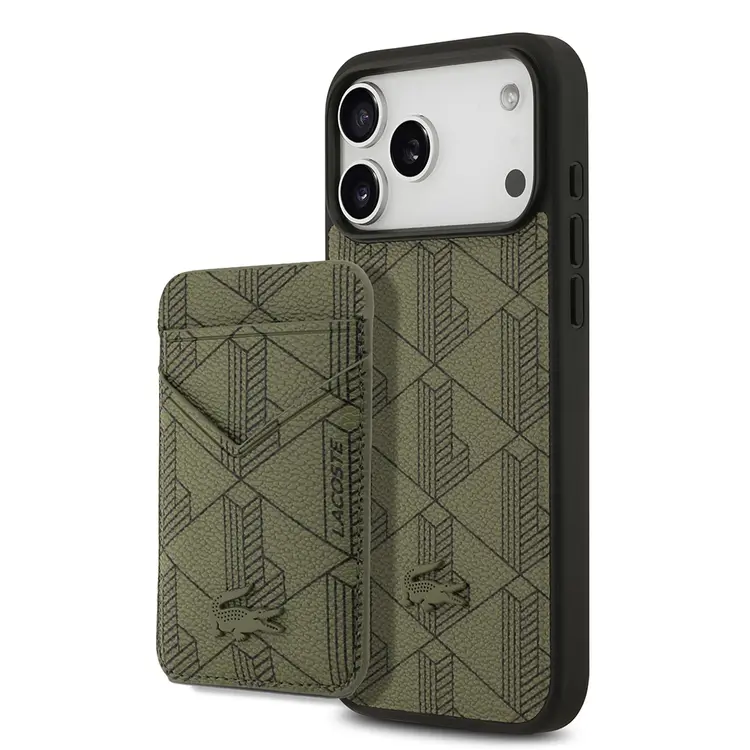 Apple iPhone 17 Pro Max Kılıf Lacoste Orjinal Lisanslı M-safe Şarj Özellikli PU Deri Tasarımlı Kartlıklı Karışık Monogram Desenli Kapak