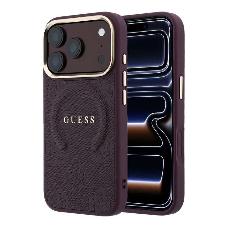 Apple iPhone 18 Pro Kılıf Guess Orjinal Lisanslı M-safe Şarj Özellikli Sıcak Baskılı Yazı Logolu C-Magnet PU Deri Peony Kapak