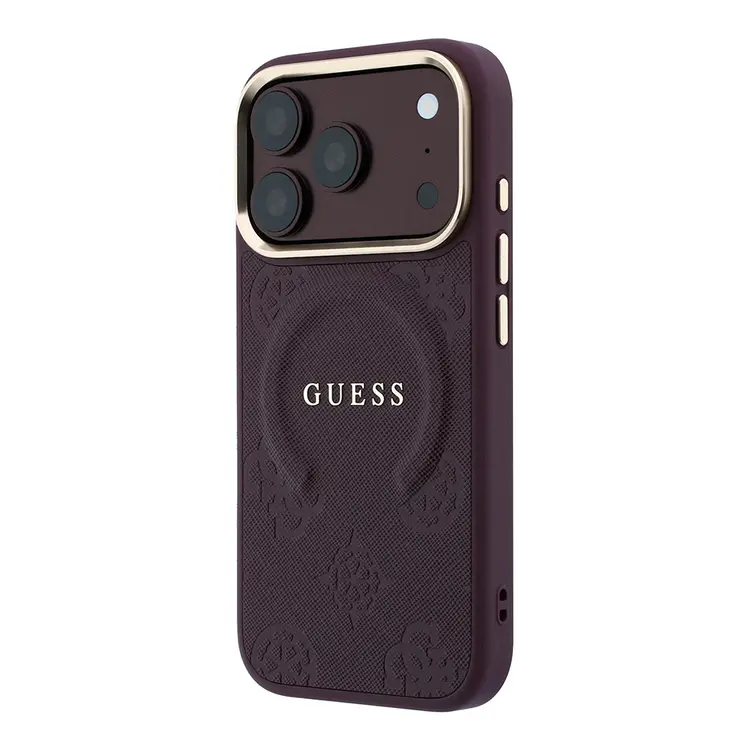 Apple iPhone 18 Pro Kılıf Guess Orjinal Lisanslı M-safe Şarj Özellikli Sıcak Baskılı Yazı Logolu C-Magnet PU Deri Peony Kapak