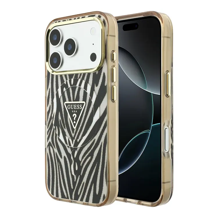 Apple iPhone 18 Pro Kılıf Guess Orjinal Lisanslı M-safe Şarj Özellikli Üçgen Logolu Zebra Desenli Silikon Kapak