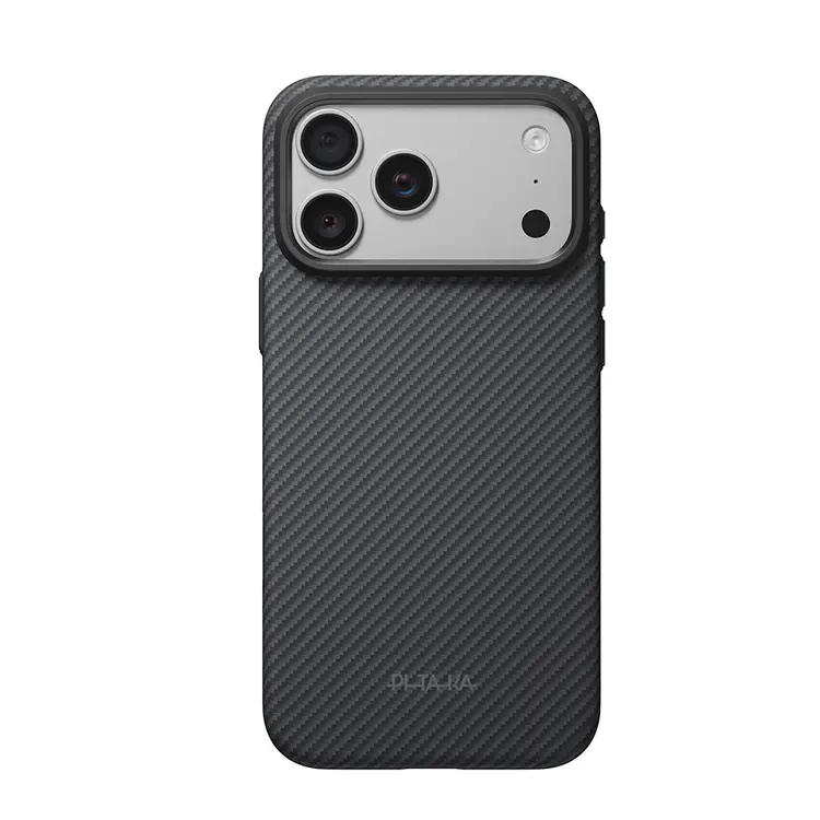 Apple iPhone 18 Pro Kılıf M-safe Şarj Özellikli Aramid Karbon Fiber Pitaka Military-Grade Classic Serisi New Logo Black-Grey Twill Kapak