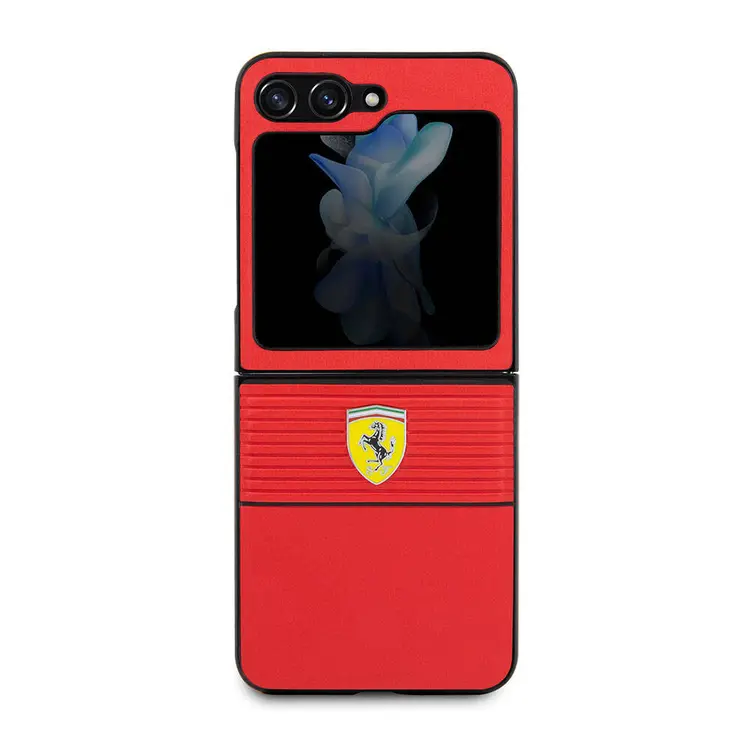 Galaxy Z Flip 5 Ferrari Lisanslı PU Deri Metal Logolu Kılıf