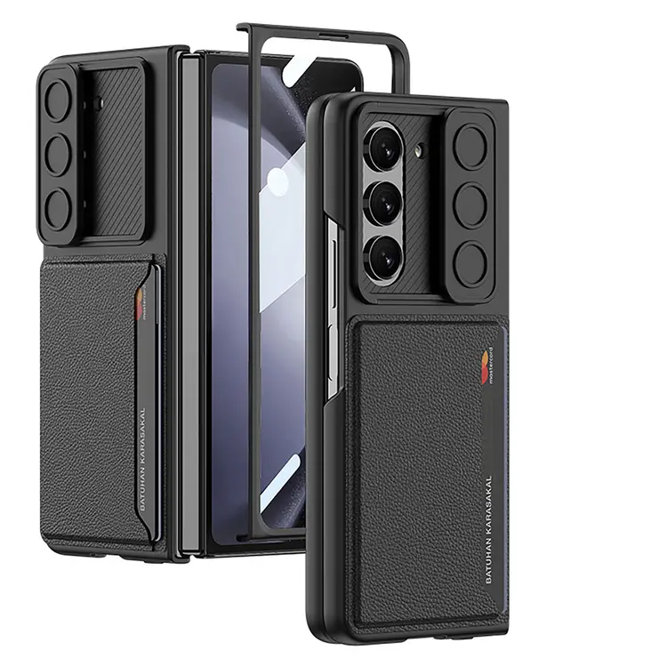 Galaxy Z Fold 5 Suni Deri Kartlıklı Sürgülü Kamera Korumalı Kılıf - GKK
